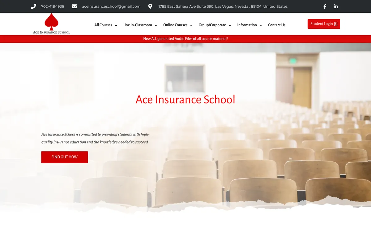 Ace Insurance School website homepage