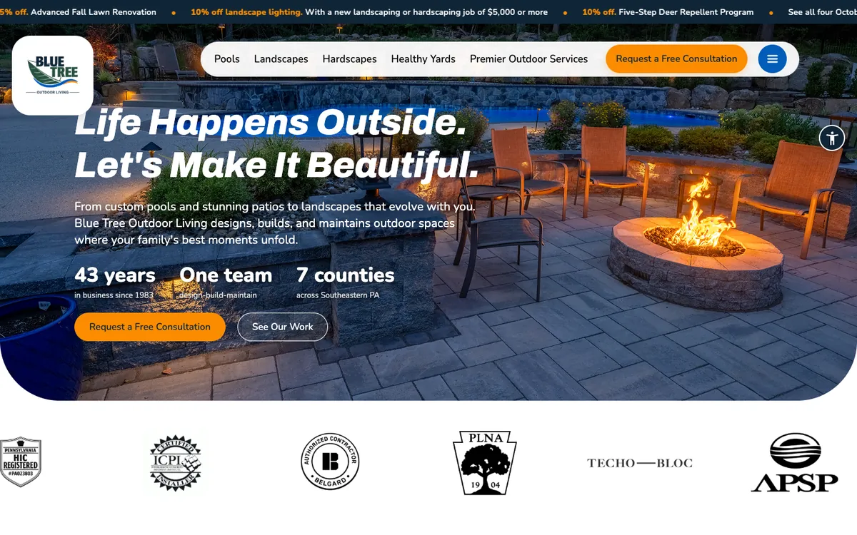 Blue Tree Landscaping website homepage