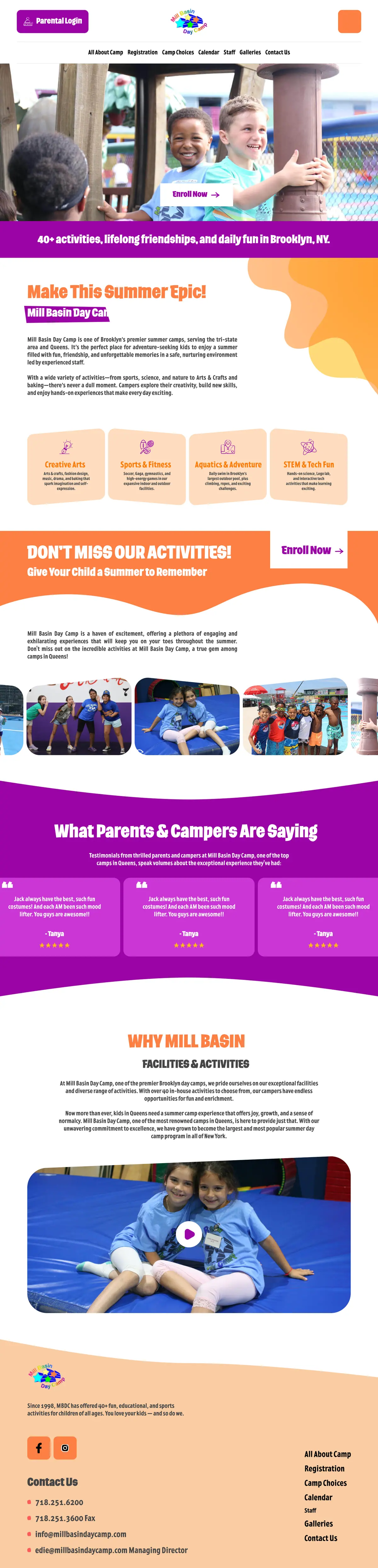Mill Basin Day Camp full homepage design in Figma