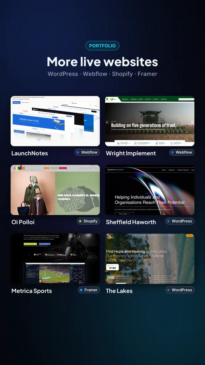 Live websites built by Raja: LaunchNotes, Wright Implement, Oi Polloi, Sheffield Haworth, Metrica Sports and The Lakes